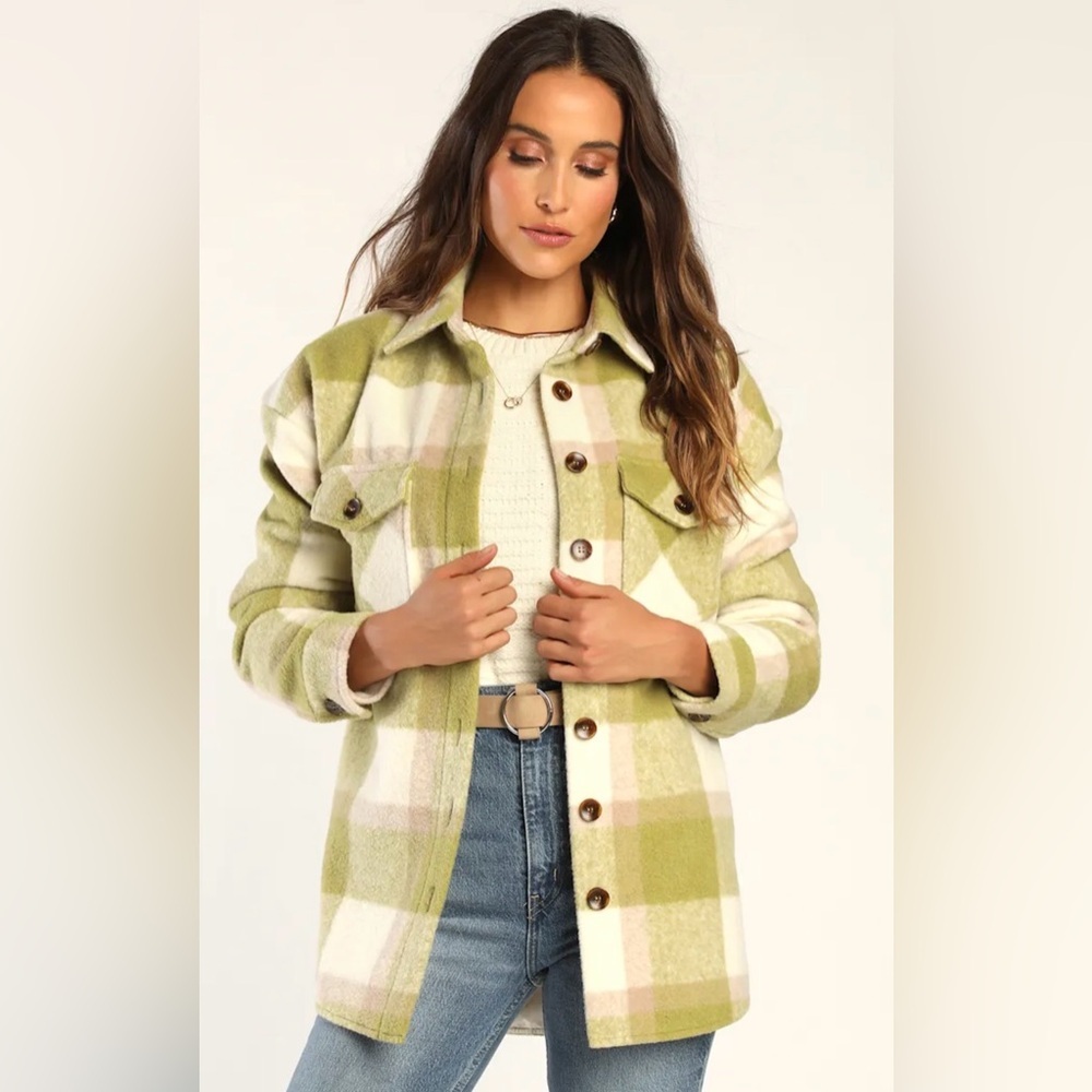Blank NYC Ladies Plaid Button-Down Shirt Jacket in Green and White GUC XL